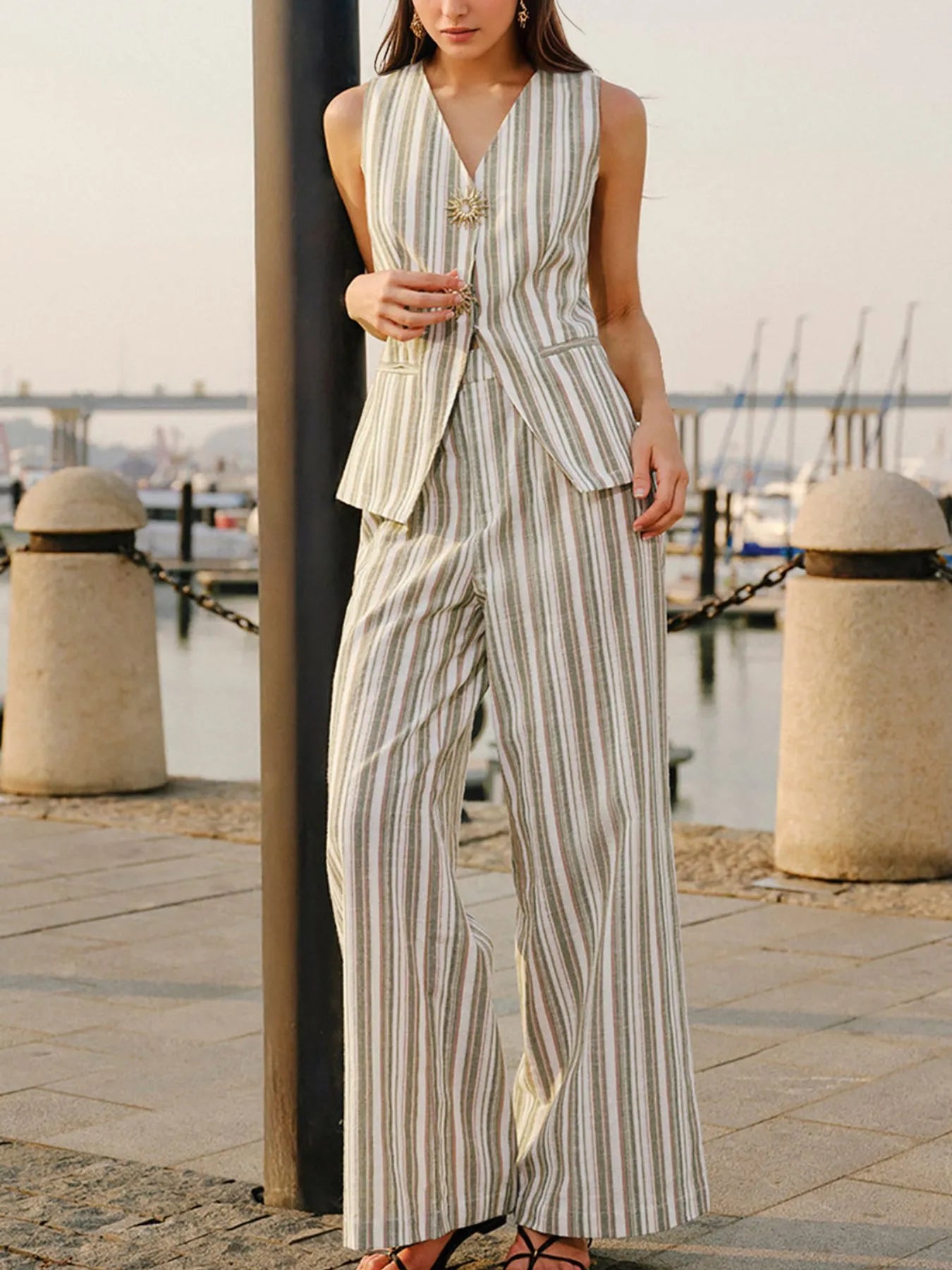 Striped Sleeveless V-Neck Top and Pants Two-Piece Set - Tigbul's Variety Fashion Shop