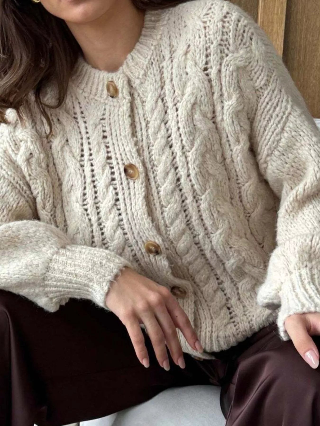 Cable Knit Button-Down Cardigan - Tigbul's Variety Fashion Shop