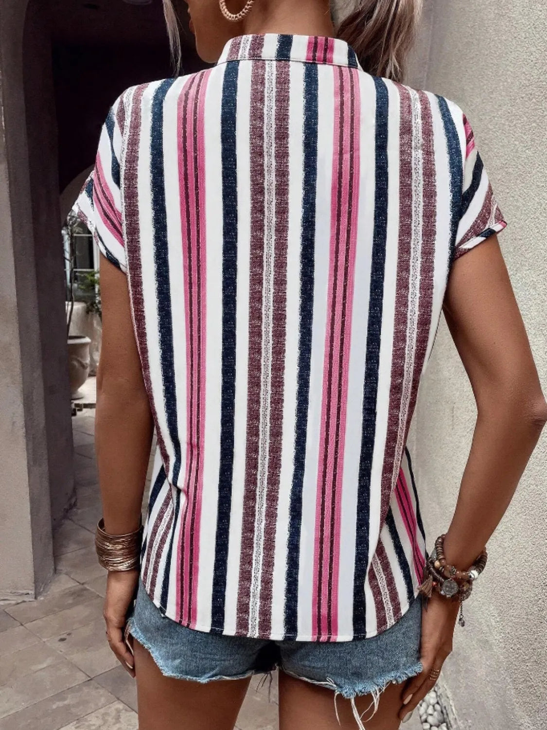 Striped Notched Short Sleeve Shirt - Tigbul's Variety Fashion Shop