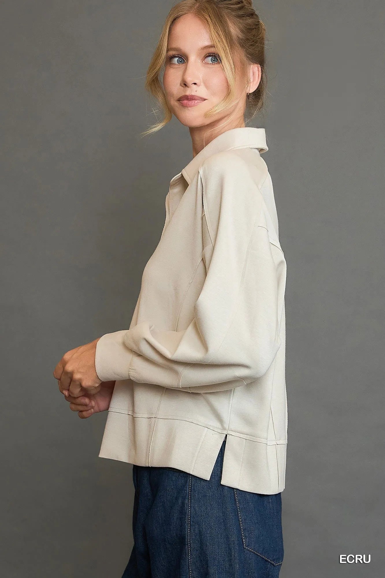 Umgee Collared Neck Long Sleeve Top with Raw Hem Detail - Tigbul's Variety Fashion Shop