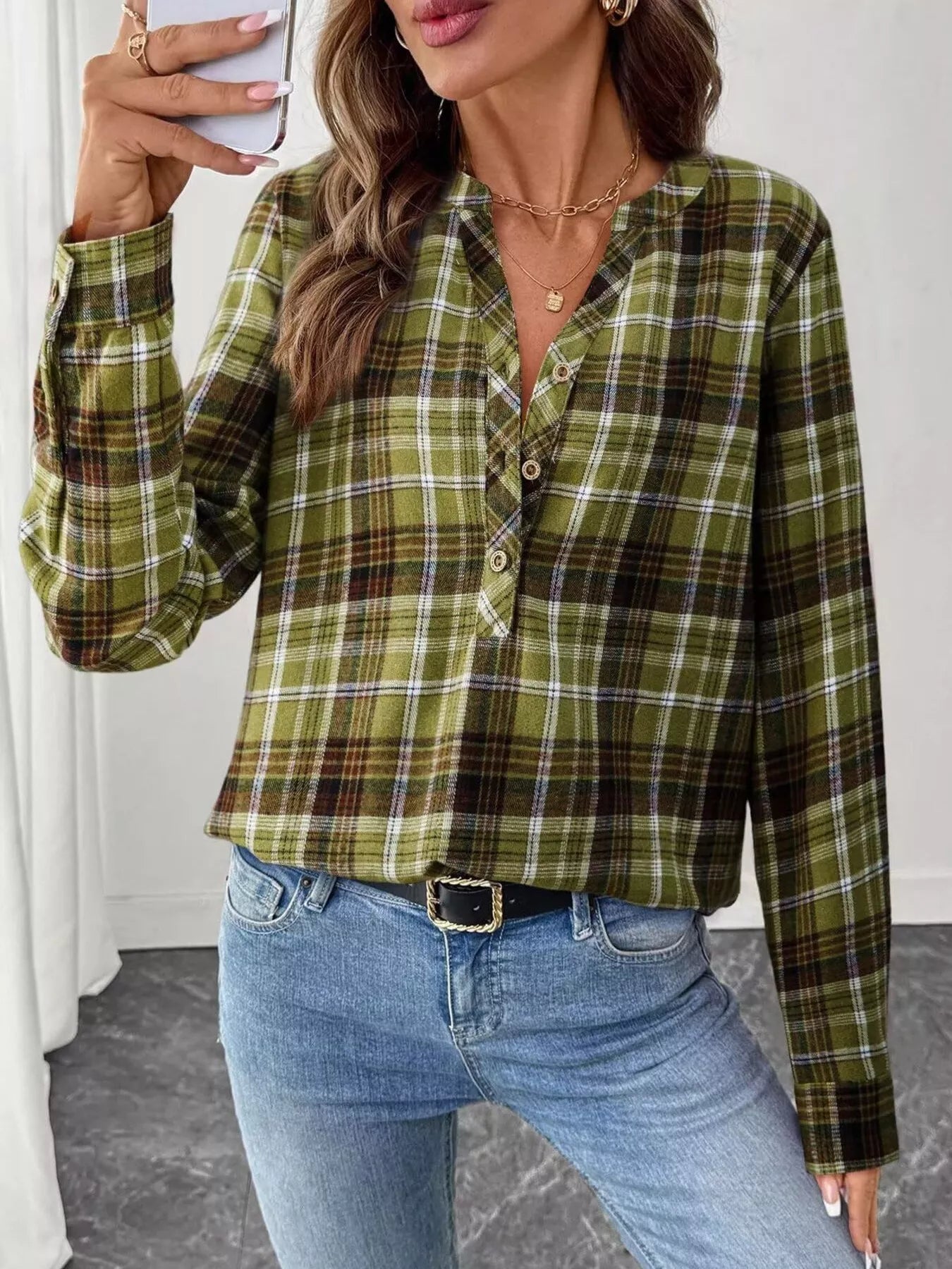 Plaid Half Button Long Sleeve Blouse - Tigbul's Variety Fashion Shop
