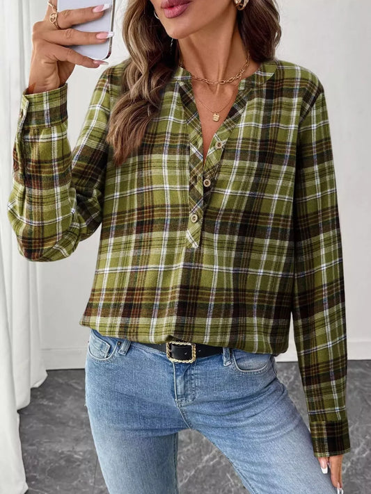 Plaid Half Button Long Sleeve Blouse - Tigbul's Variety Fashion Shop