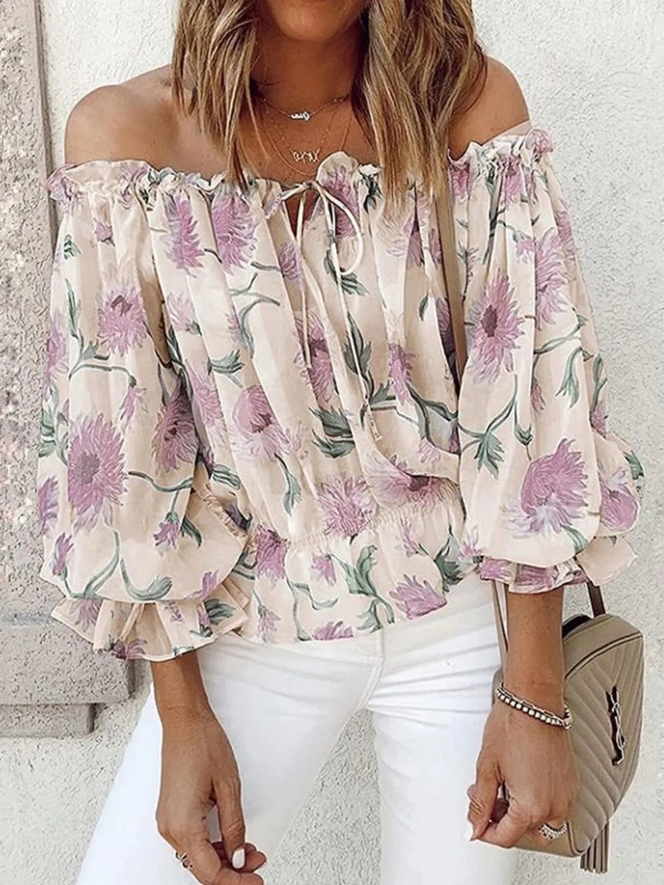 Off-Shoulder Floral Print Blouse - Tigbul's Variety Fashion Shop