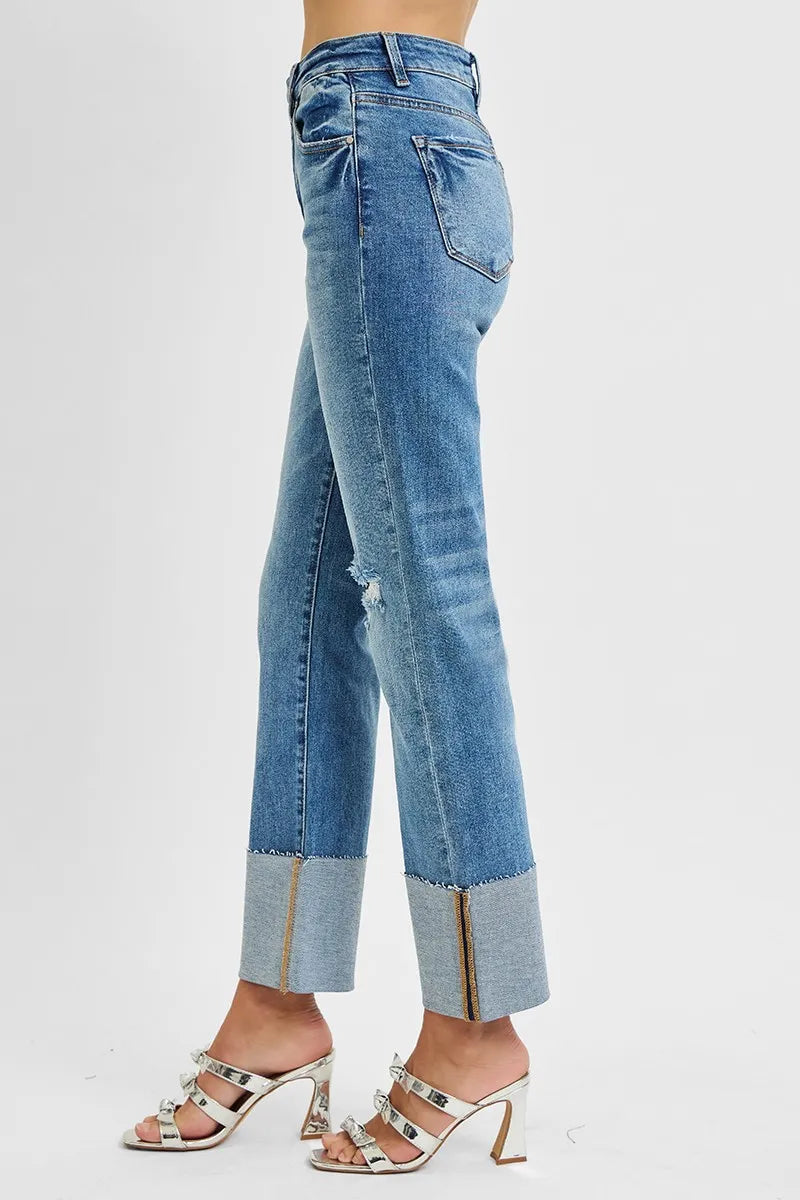 RISEN Full Size High Rise Ankle Straight Wide Cuffed Jeans Plus Size - Tigbul's Variety Fashion Shop