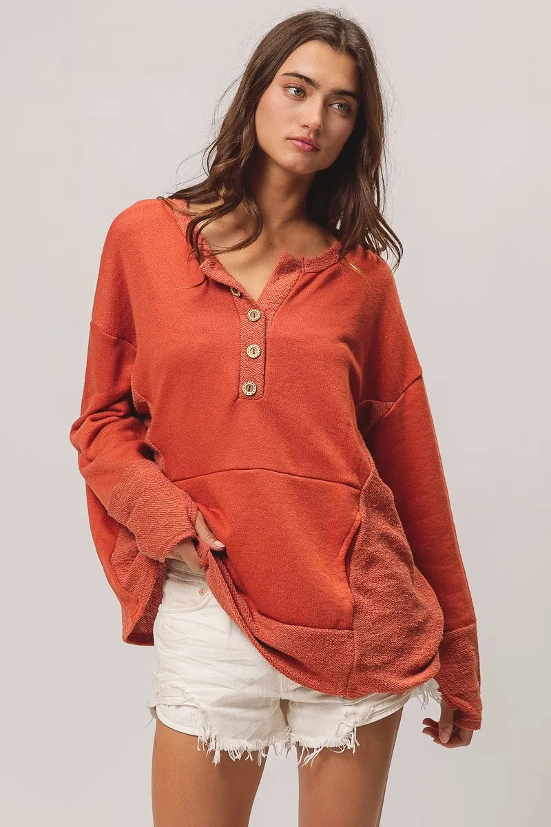 BiBi French Terry Knit Side Block Buttoned Henley Top - Tigbul's Variety Fashion Shop
