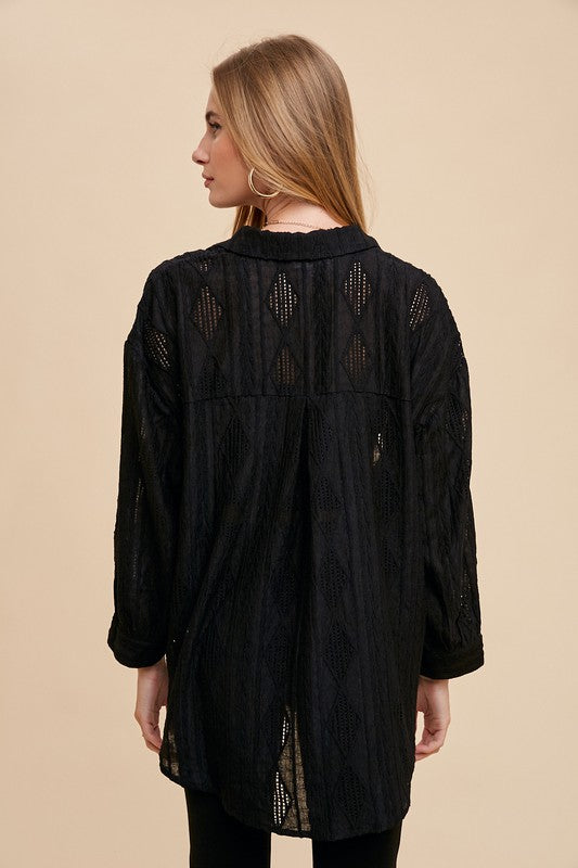Black Openwork Button Down Drop Shoulder Shirt - Tigbul's Variety Fashion Shop