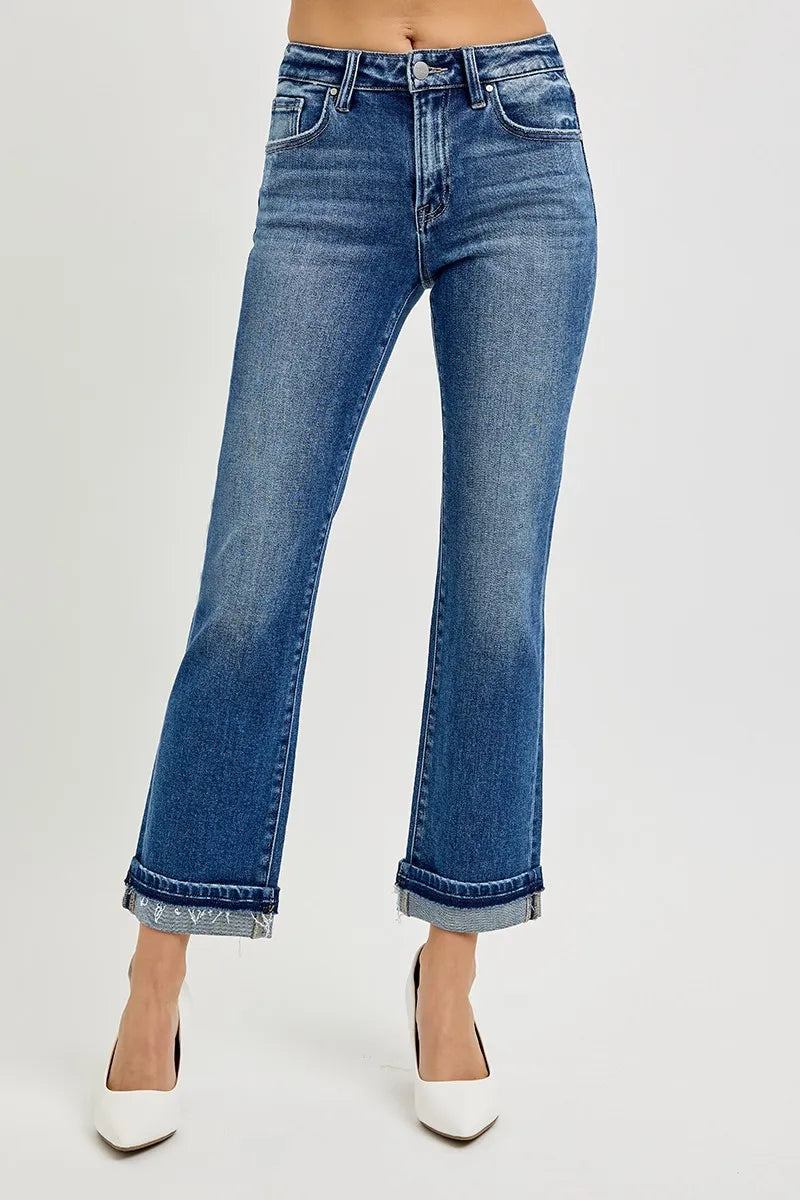 RISEN Mid Rise Ankle Straight Cuffed Jeans - Tigbul's Variety Fashion Shop