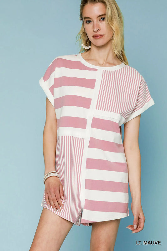 Umgee Mixed Striped Short Sleeve Romper - Tigbul's Variety Fashion Shop
