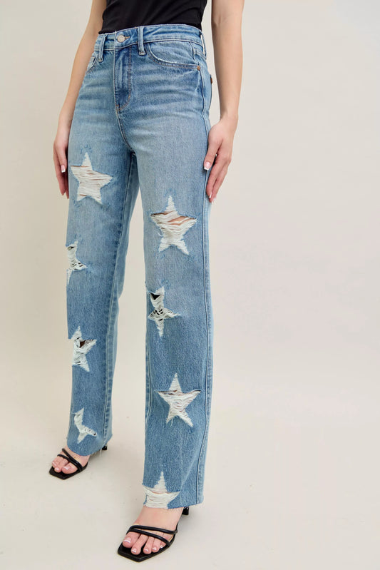 Judy Blue Full Size High Waist  Rigid Magic Star Shaped Destroy 90's Straight Jeans Plus Size - Tigbul's Variety Fashion Shop