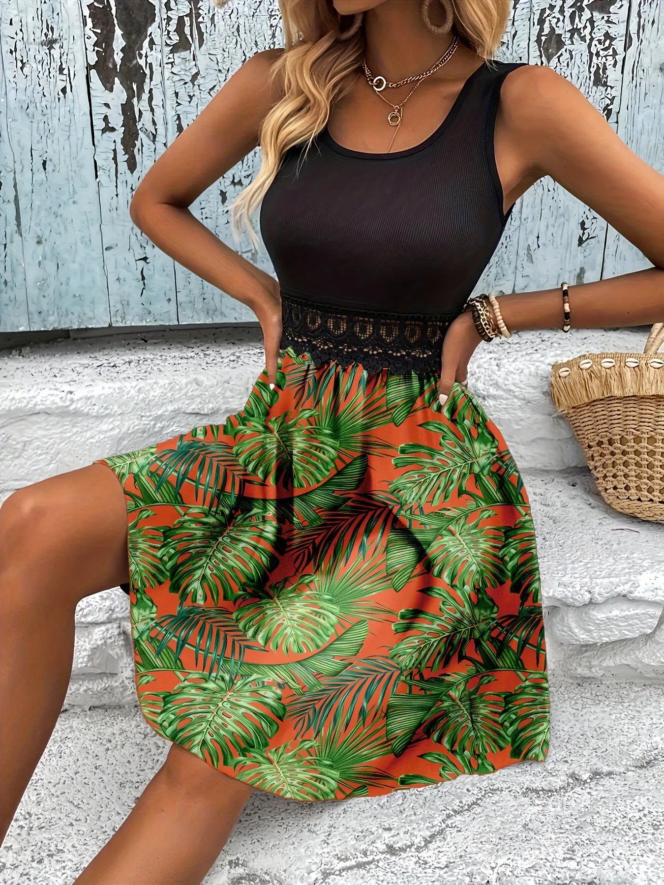 Tropical Print Sleeveless Summer Dress with Lace Waist Detail - Tigbul's Variety Fashion Shop
