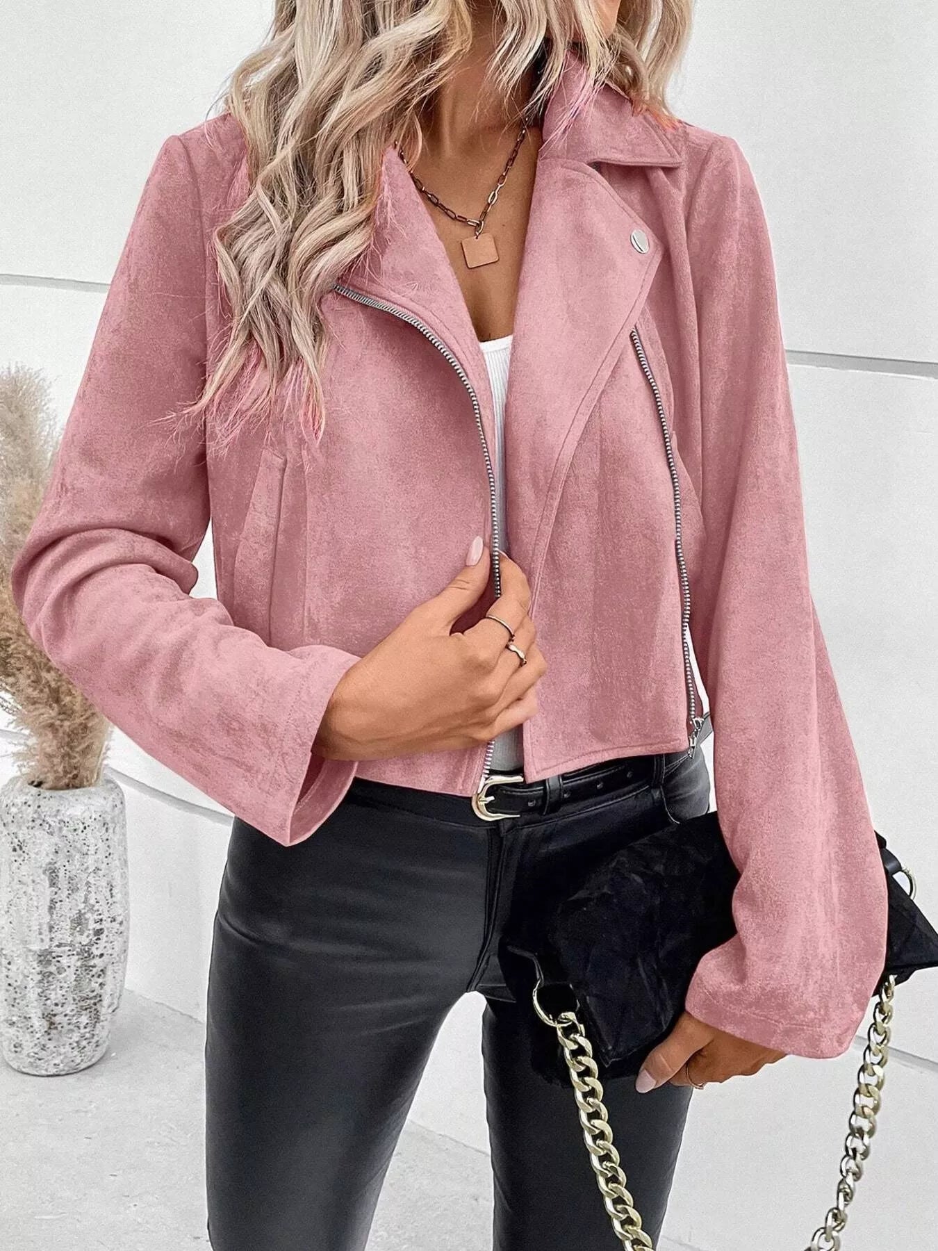 Suede Moto Jacket with Zip Detail - Tigbul's Variety Fashion Shop