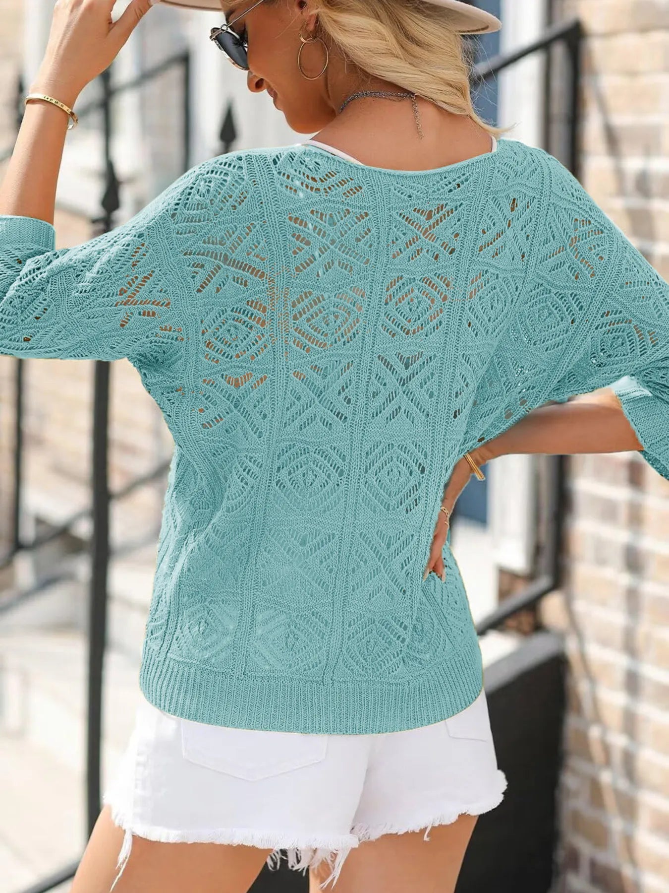 Openwork 3/4 Sleeve Knit Cover Up - Tigbul's Variety Fashion Shop