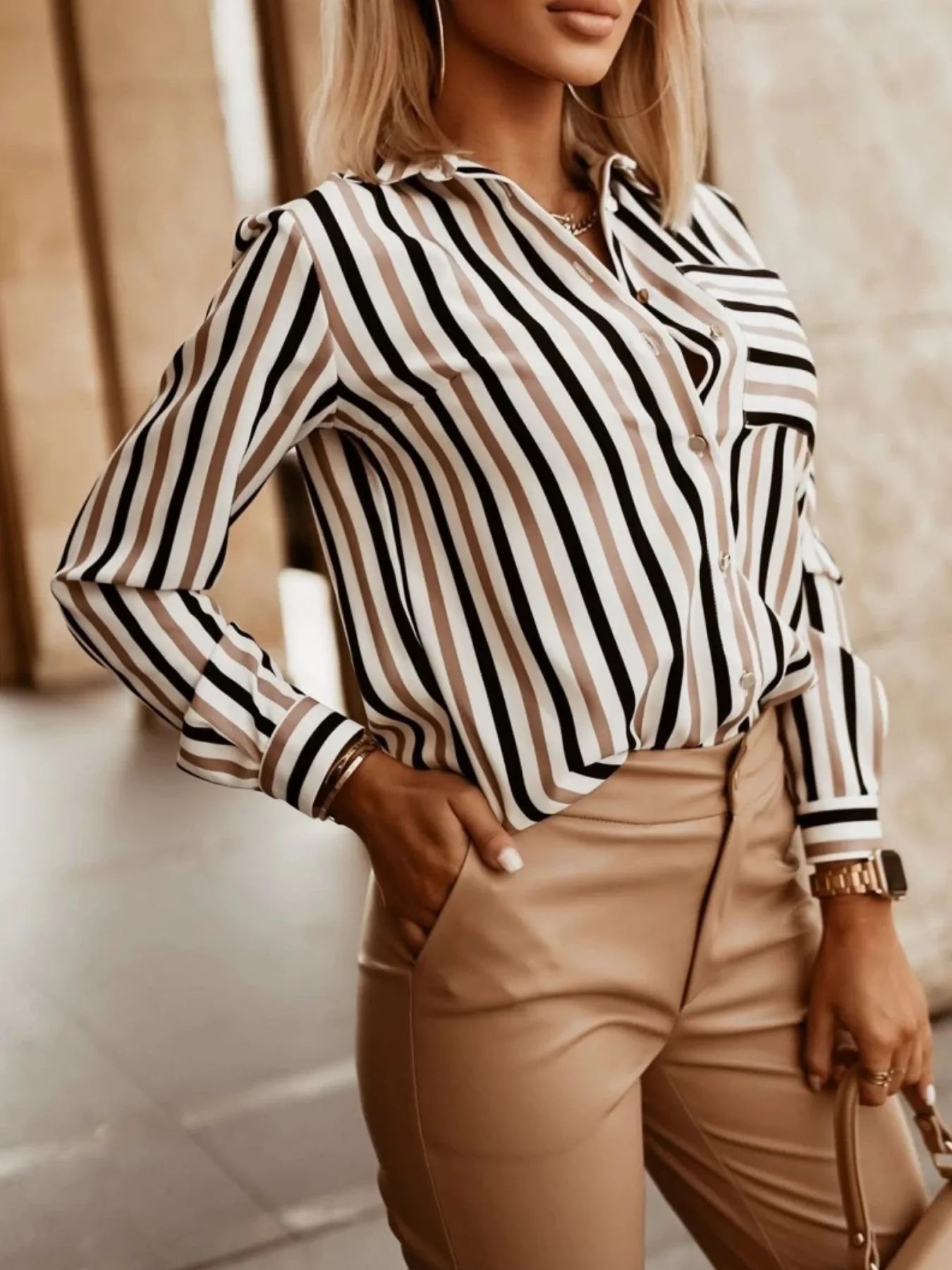 Striped Button-Down Long Sleeve Shirt - Tigbul's Variety Fashion Shop