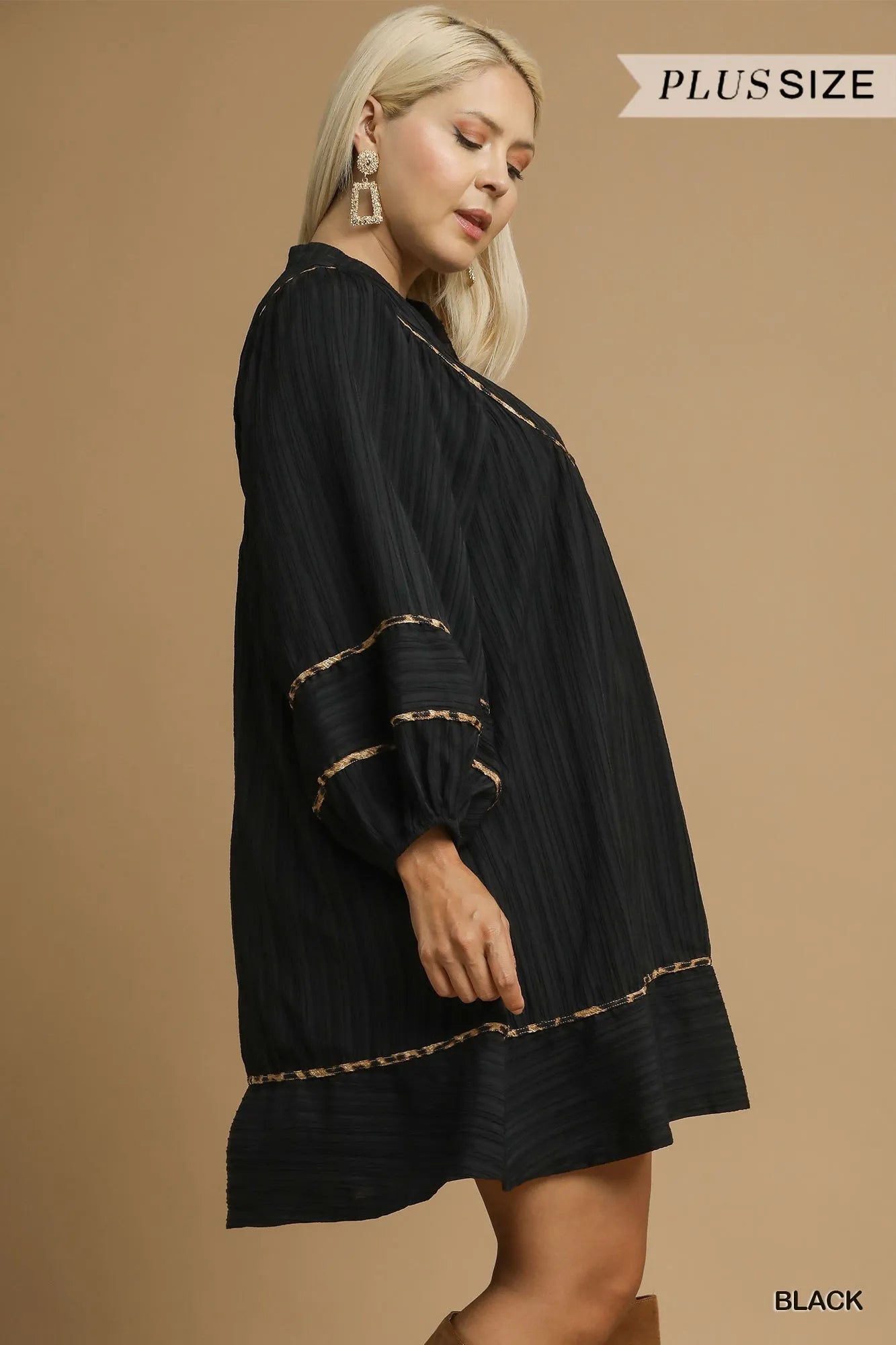 Umgee Full Size Textured Babydoll Dress with Leopard Trim Plus Size - Tigbul's Variety Fashion Shop