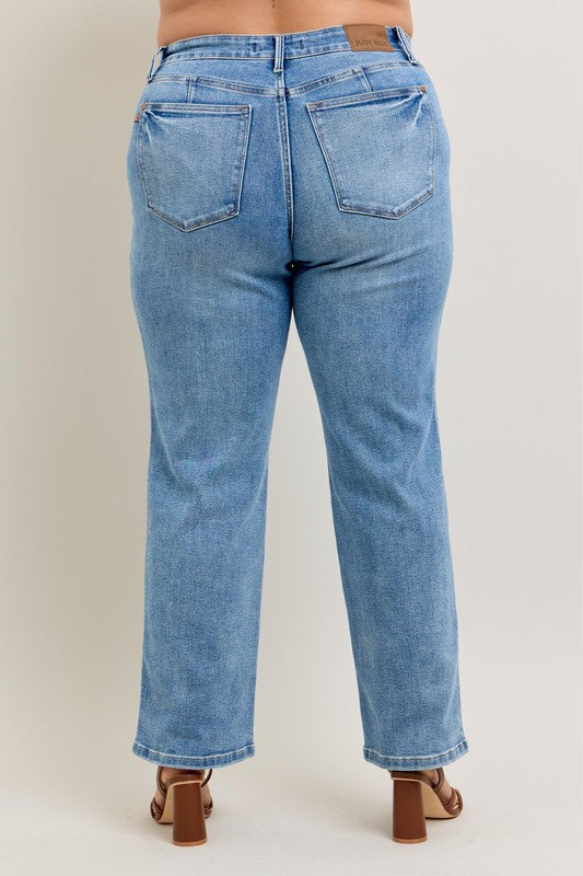 Judy Blue Full Size Tummy Control Vintage Wash Straight Jeans Plus Size - Tigbul's Variety Fashion Shop