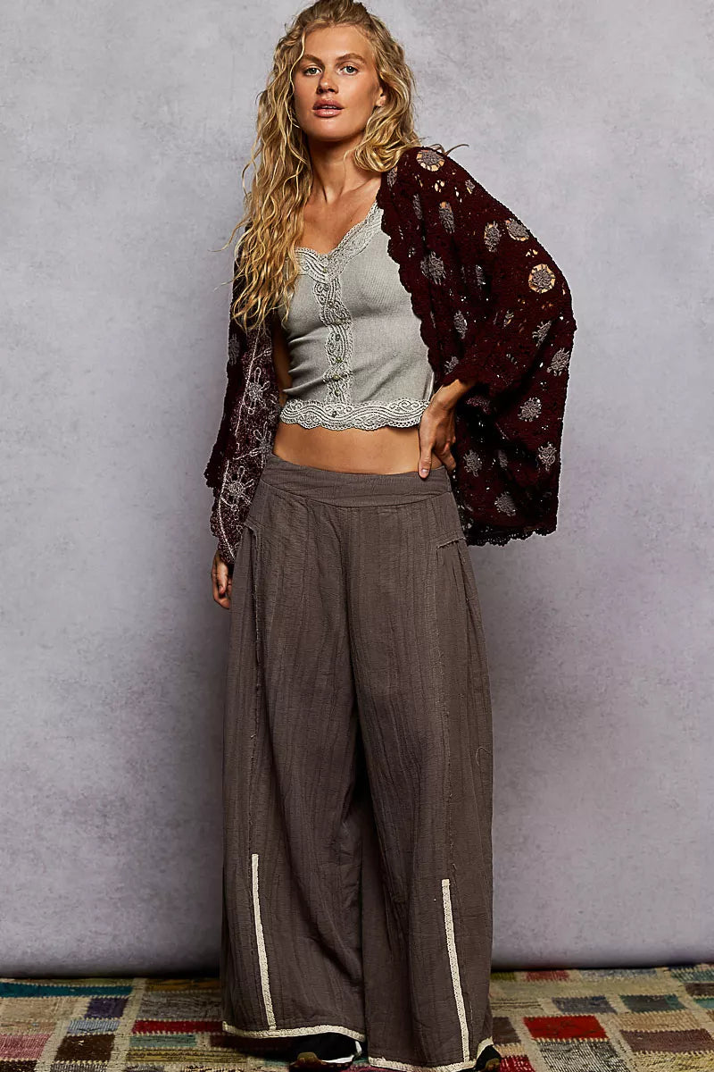 POL Openwork V-Neck Chenille Cardigan with Contrast Floral - Tigbul's Variety Fashion Shop