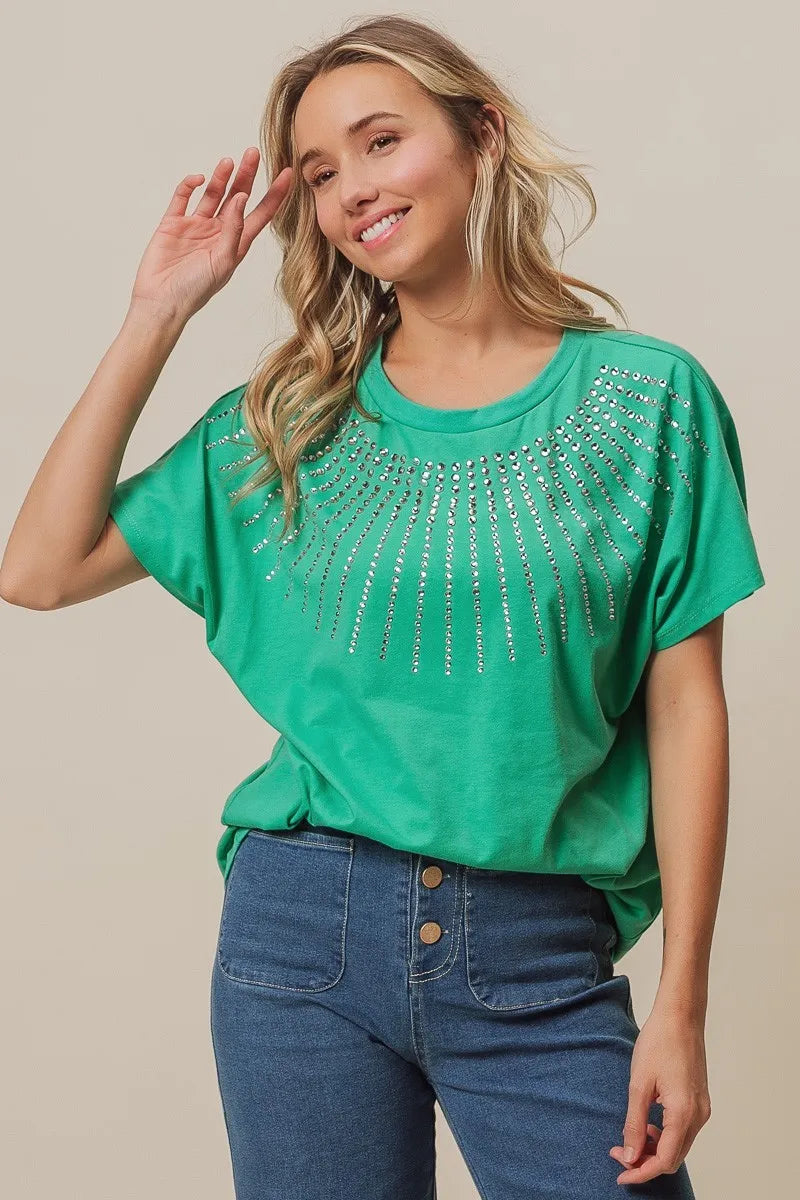 Rhinestone Beaded Short Sleeve Jade Green Top - Tigbul's Variety Fashion Shop