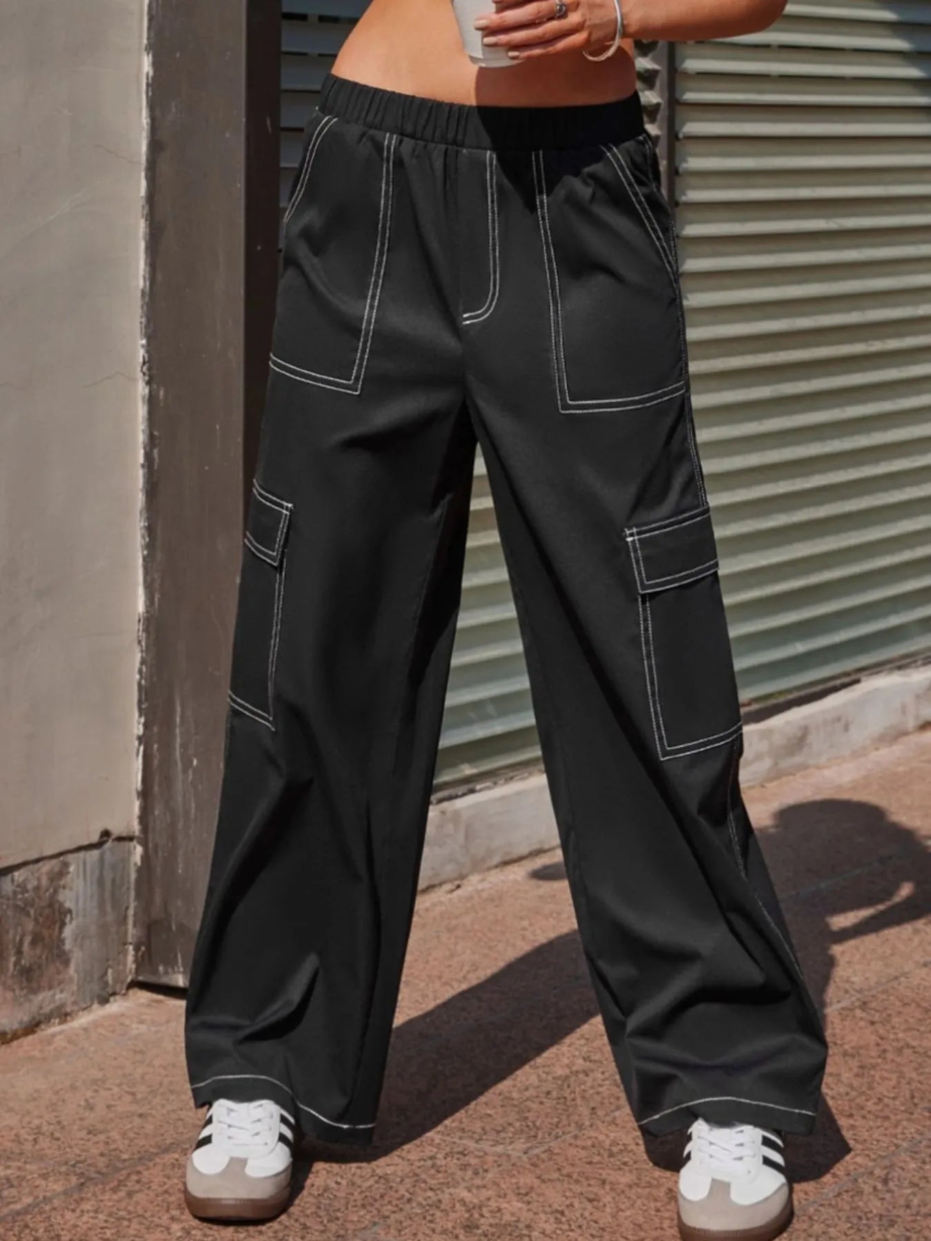 Wide Leg Pants with Contrast Stitching - Tigbul's Variety Fashion Shop
