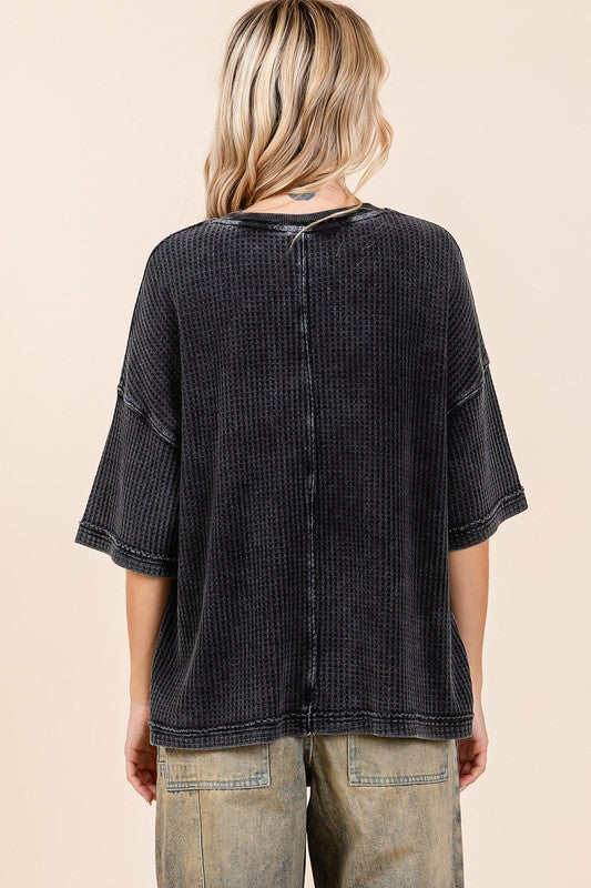 Ash Black Mineral Wash Waffle Knit Short Sleeve Top - Tigbul's Variety Fashion Shop
