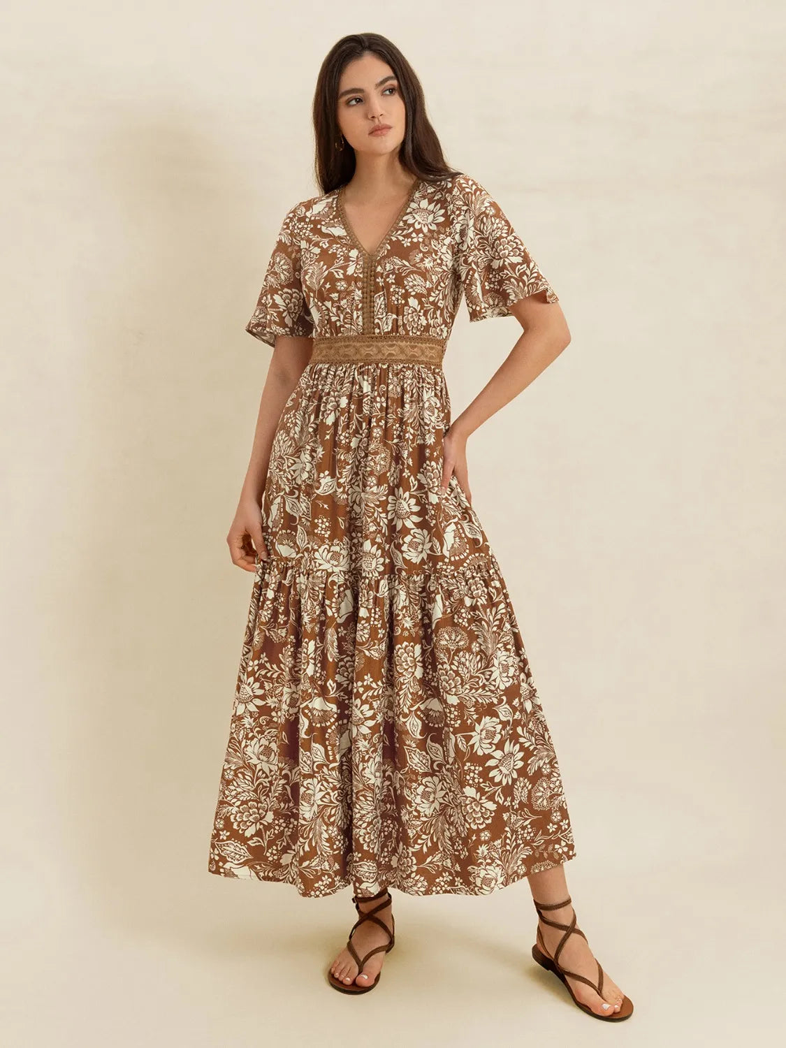 Brown Lace Detail Printed Short Sleeve Midi Dress - Tigbul's Variety Fashion Shop