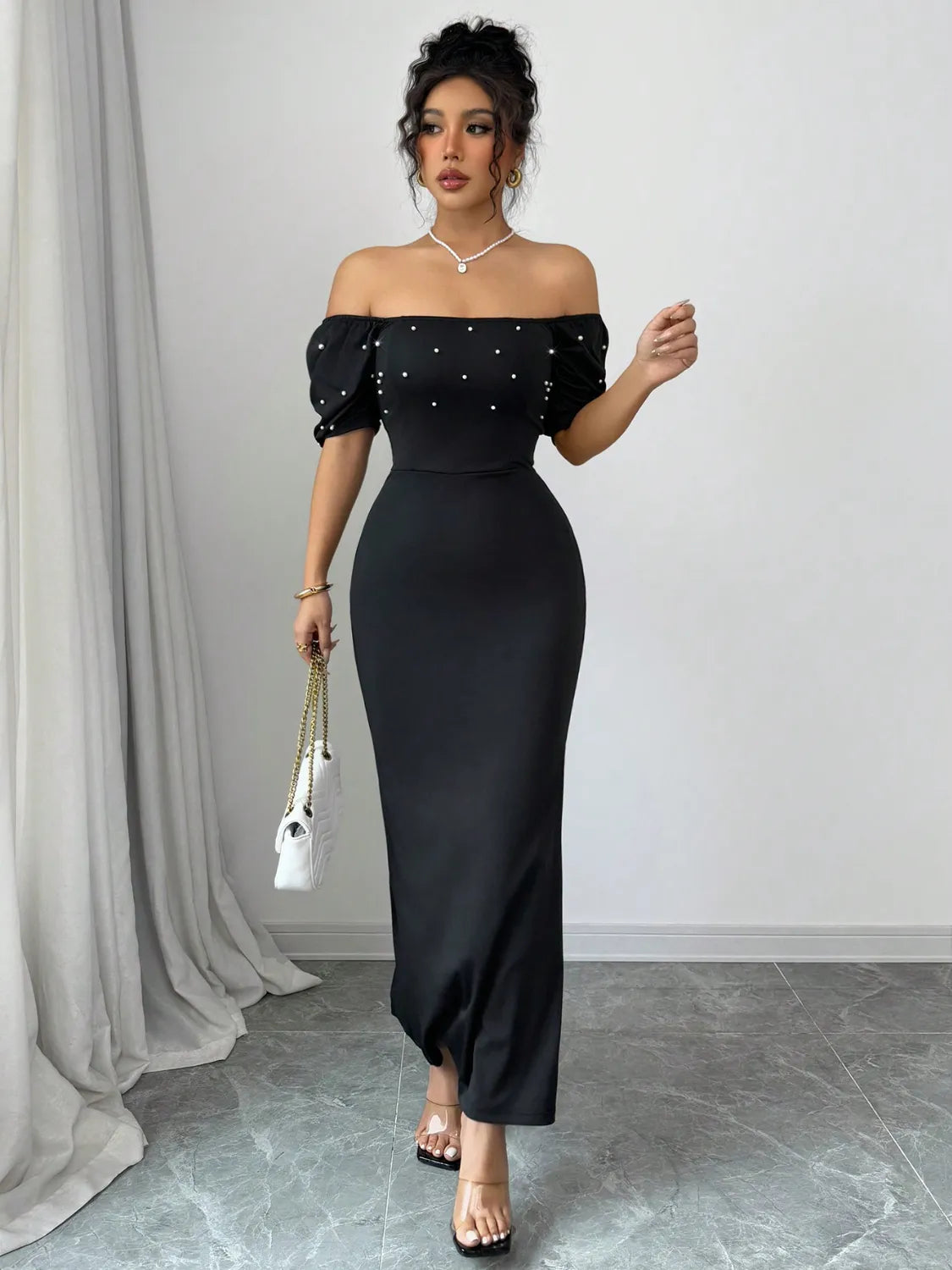 Off Shoulder Short Sleeve Maxi Dress - Tigbul's Variety Fashion Shop