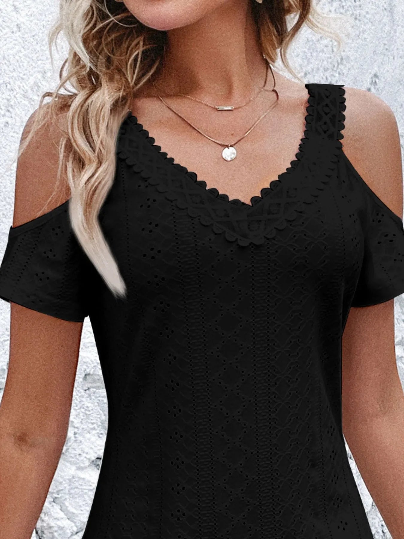 Cold Shoulder Short Sleeve Eyelet Mini Dress - Tigbul's Variety Fashion Shop