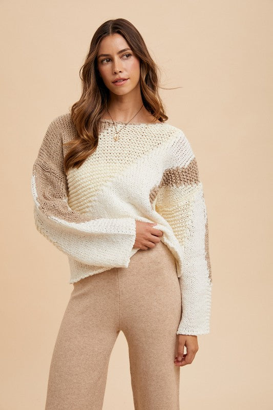 Taupe Color Block Drop Shoulder Sweater - Tigbul's Variety Fashion Shop