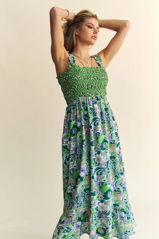 Multi Smocked Bodice Geo Ruffle Strappy Midi Dress - Tigbul's Variety Fashion Shop