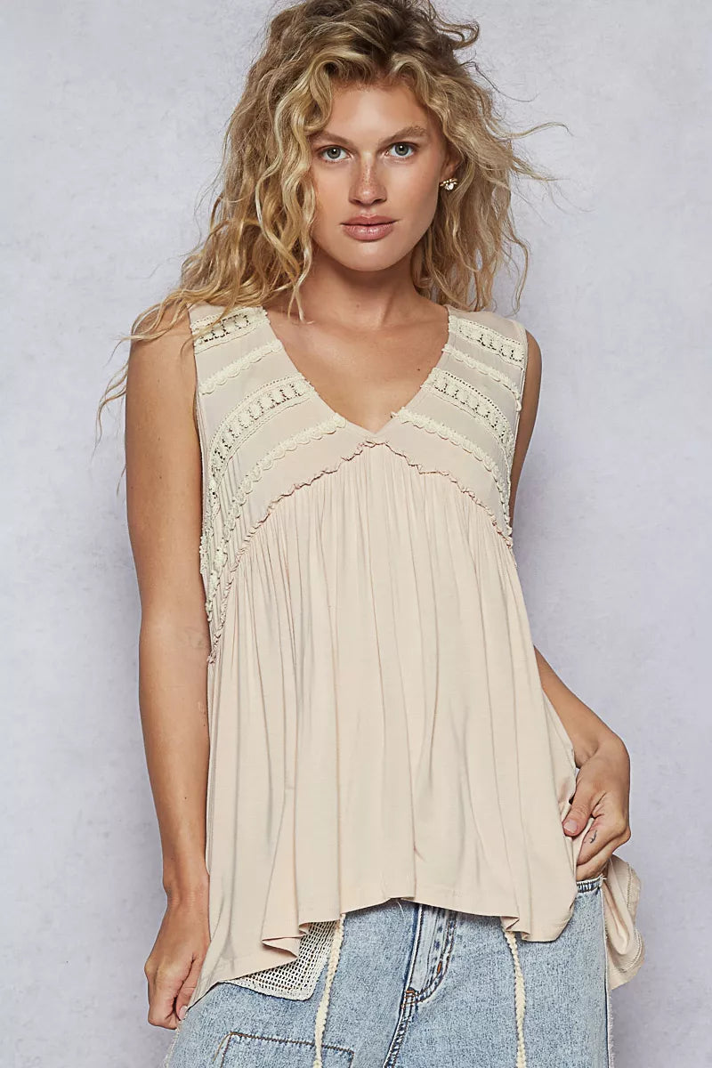 POL Lace Trim Babydoll Sleeveless Top with Ruffled and Raw Edge Detail - Tigbul's Variety Fashion Shop