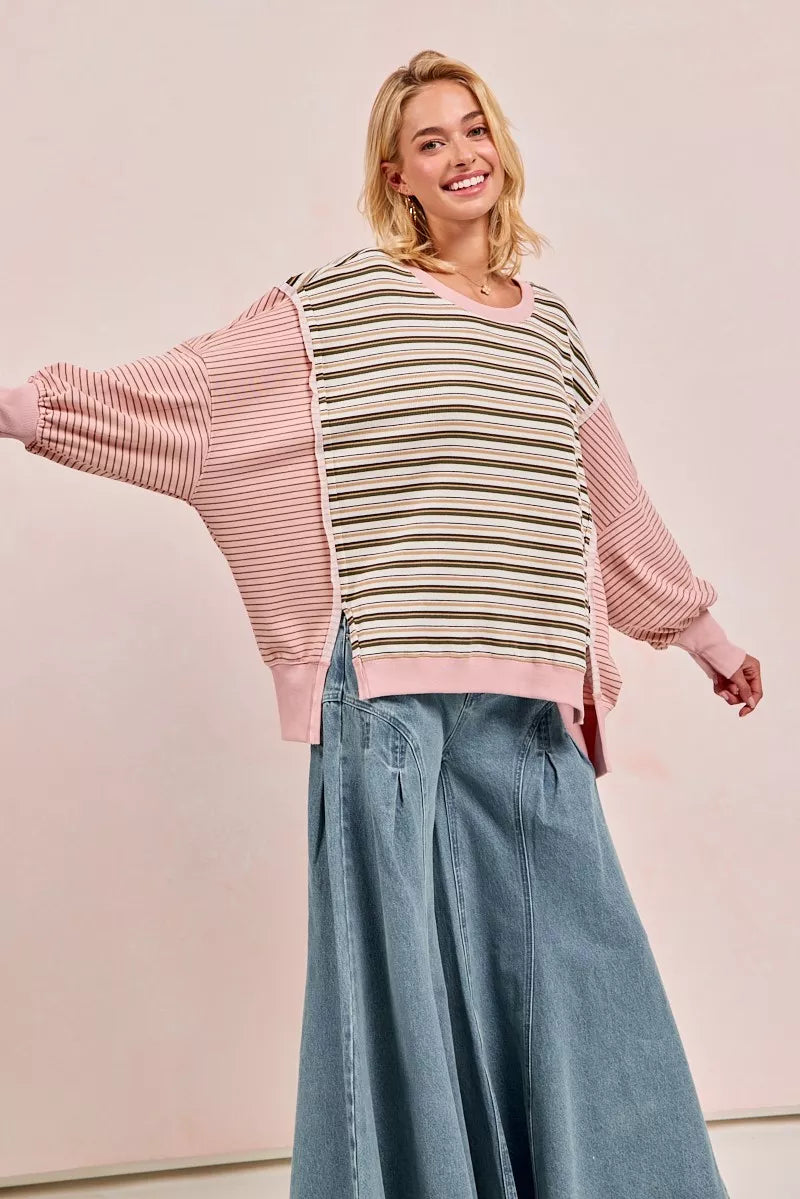 BiBi Stripe Mixed Top With Cut Edge And Reverse Outseam - Tigbul's Variety Fashion Shop