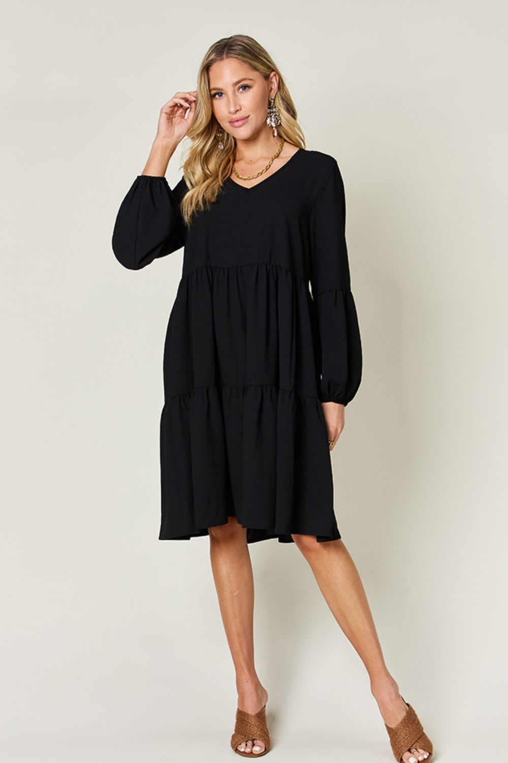 V-Neck Balloon Sleeve Tiered Dress with Pockets - Tigbul's Variety Fashion Shop