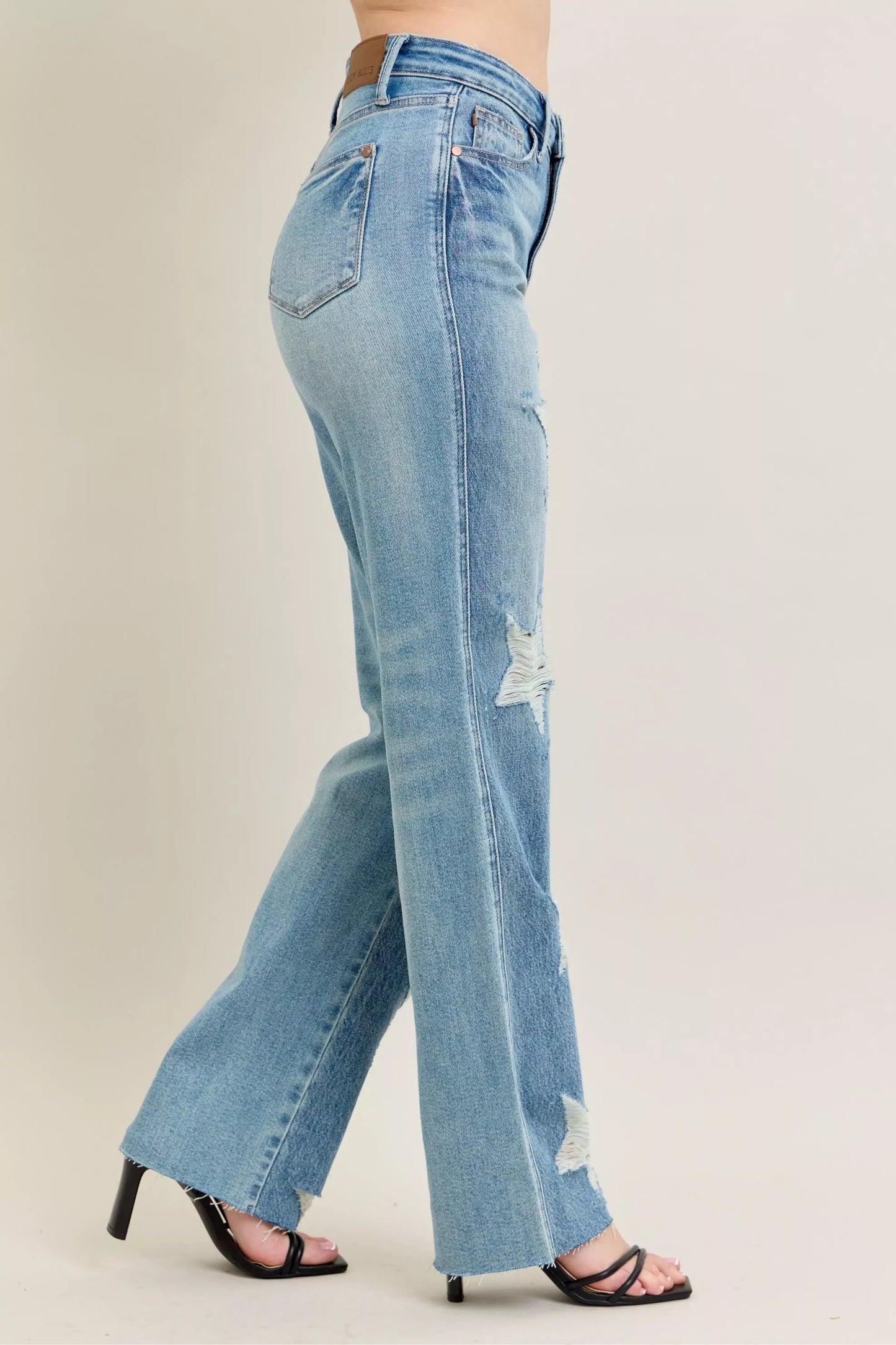 Judy Blue Full Size High Waist Rigid Magic Star Shaped Destroy 90's Straight Jeans Plus Size - Tigbul's Variety Fashion Shop