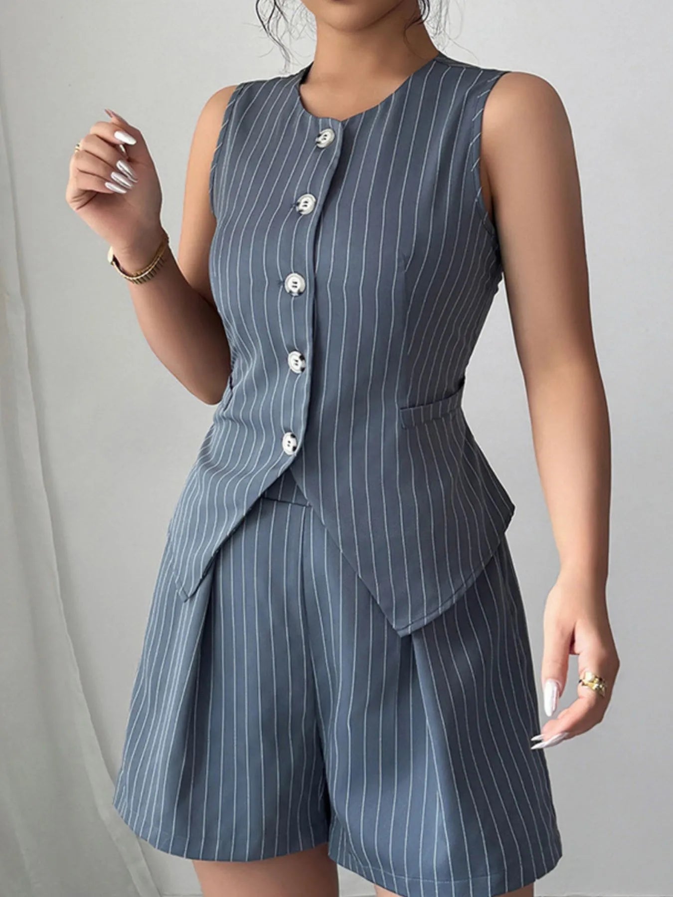 Striped Button Up Vest and Shorts Set - Tigbul's Variety Fashion Shop