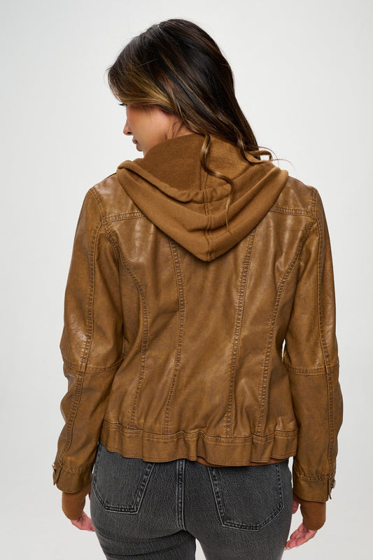 Brown Double Zip Hooded Long Sleeve Jacket - Tigbul's Variety Fashion Shop