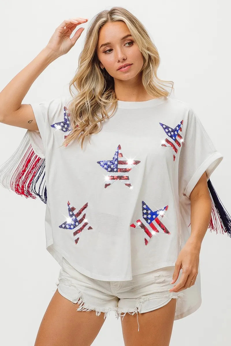 American Flag Sequin Star Fringe Top - Tigbul's Variety Fashion Shop