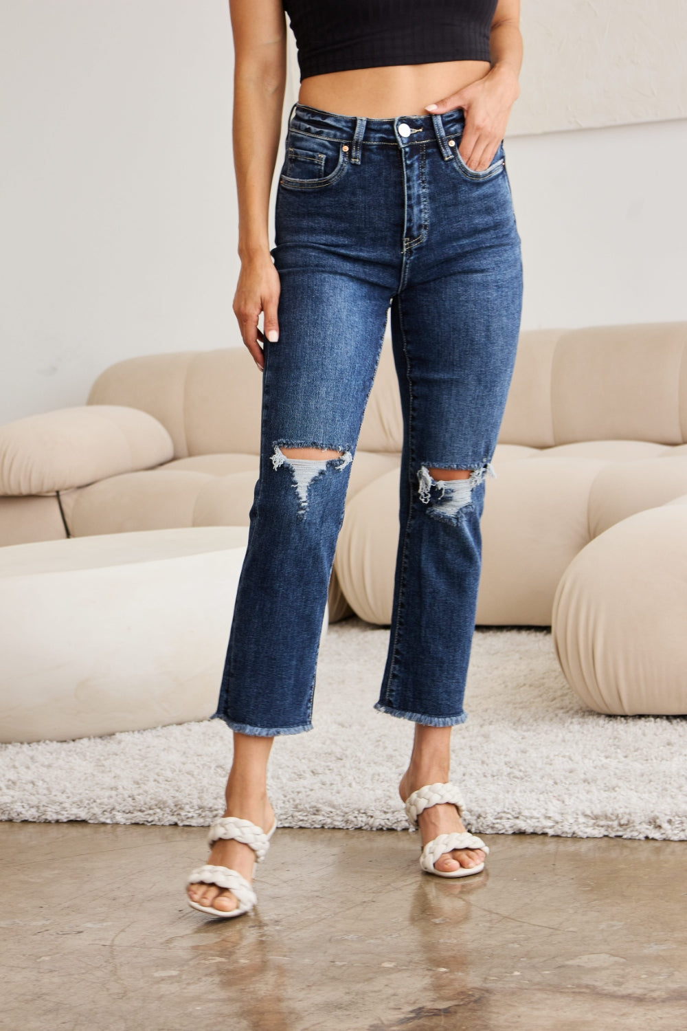 RFM Dark Blue Tummy Control High Waist Crop Raw Hem Jeans - Tigbul's Variety Fashion Shop