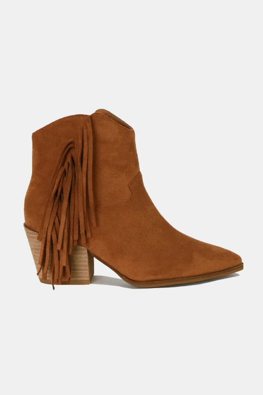 Brown Faux Suede Fringe Point Toe Ankle Boots - Tigbul's Variety Fashion Shop
