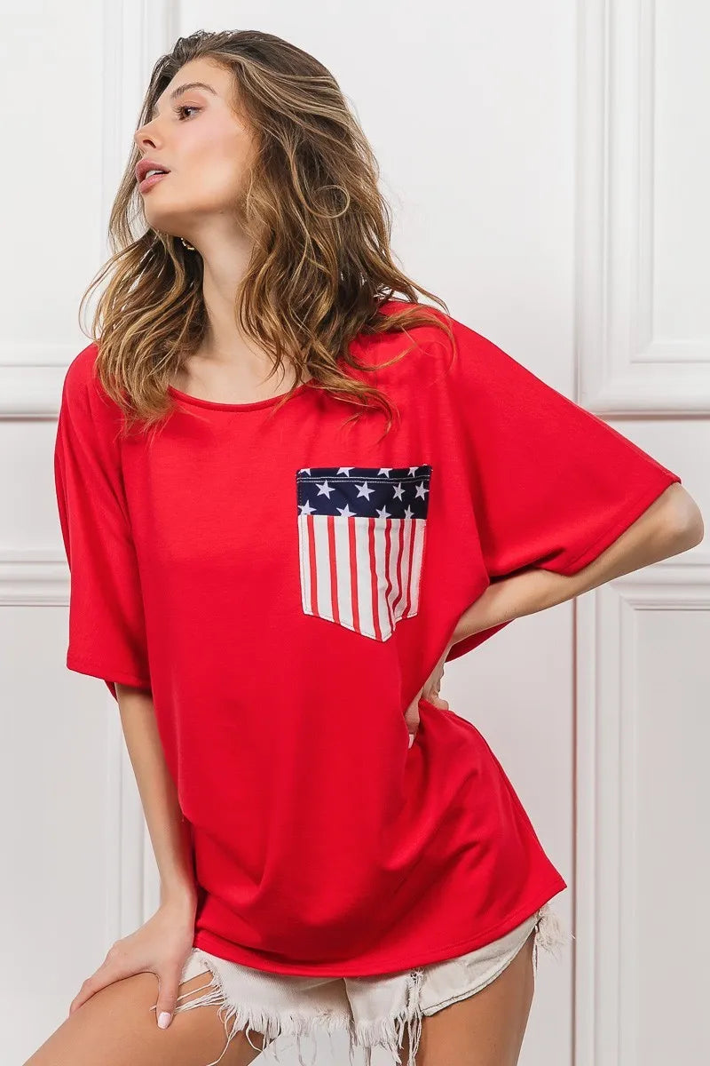 Red French Terry With Front Pocket Dolman Sleeves Top - Tigbul's Variety Fashion Shop