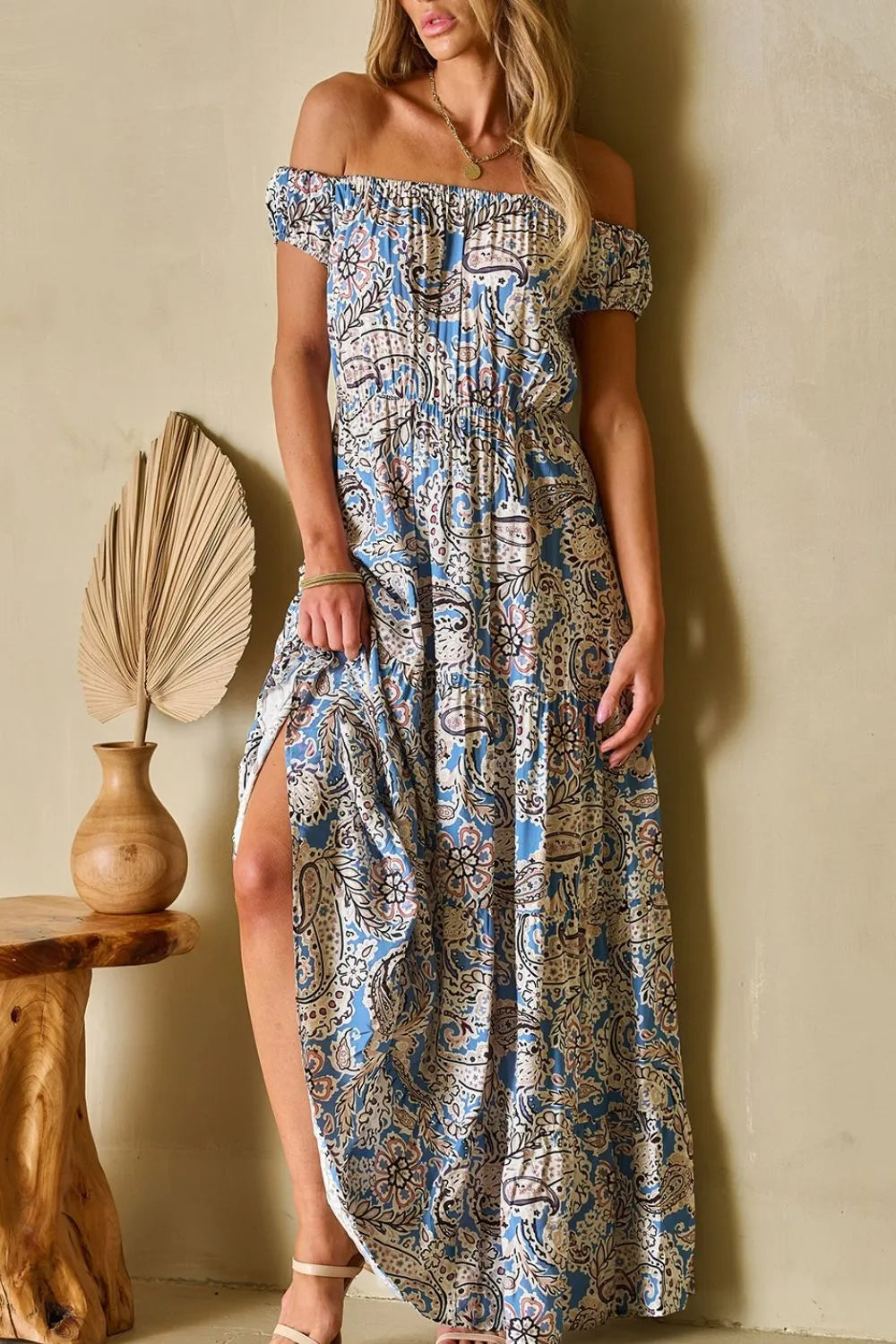 Boho Paisley Print Off Shoulder Maxi Dress - Tigbul's Variety Fashion Shop