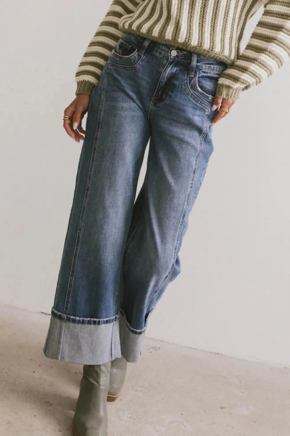 Wide Leg Cuff Jeans - Tigbul's Variety Fashion Shop