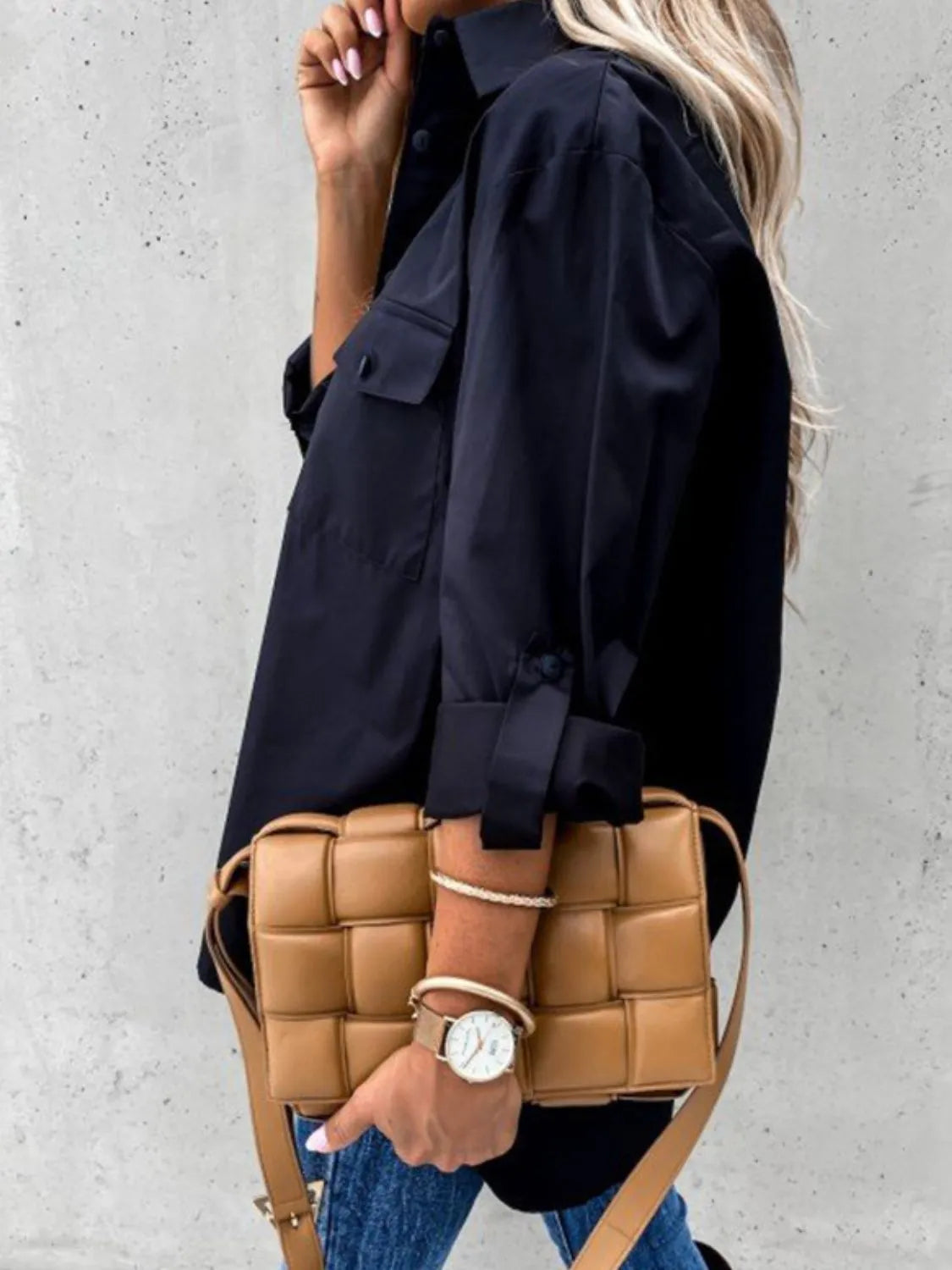 Button Up Roll-Tab Sleeve Shirt - Tigbul's Variety Fashion Shop