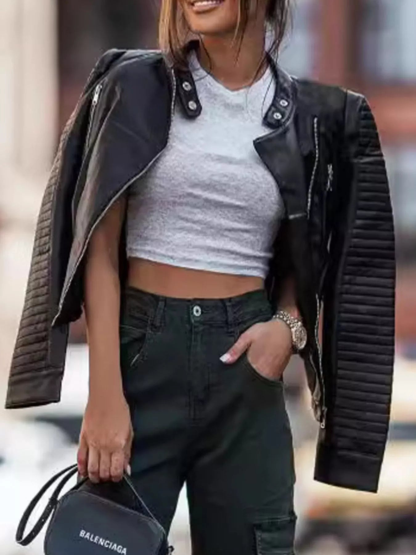 Quilted Sleeve Leather Moto Jacket - Tigbul's Variety Fashion Shop