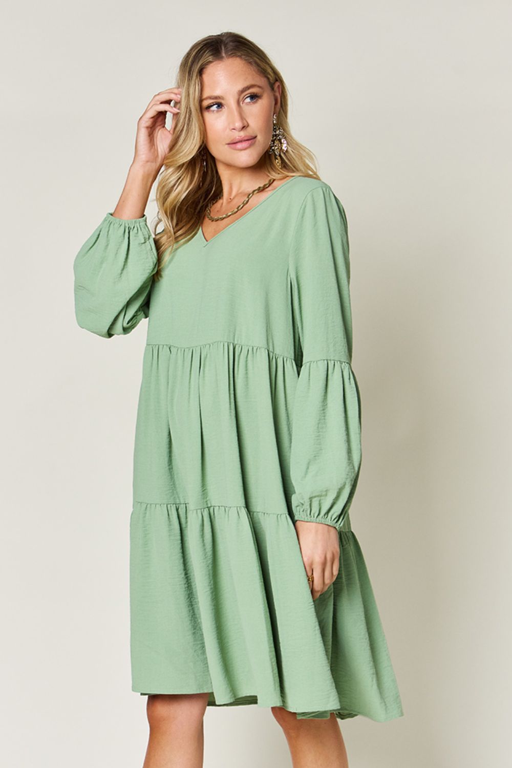 V-Neck Balloon Sleeve Tiered Dress with Pockets - Tigbul's Variety Fashion Shop