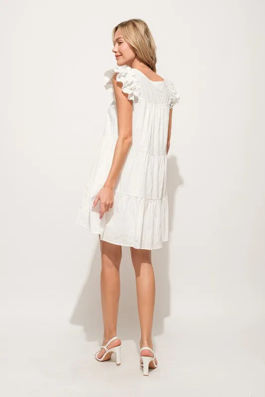 Origami Pleating Ruffled Sleeve Off White Tiered Dress - Tigbul's Variety Fashion Shop