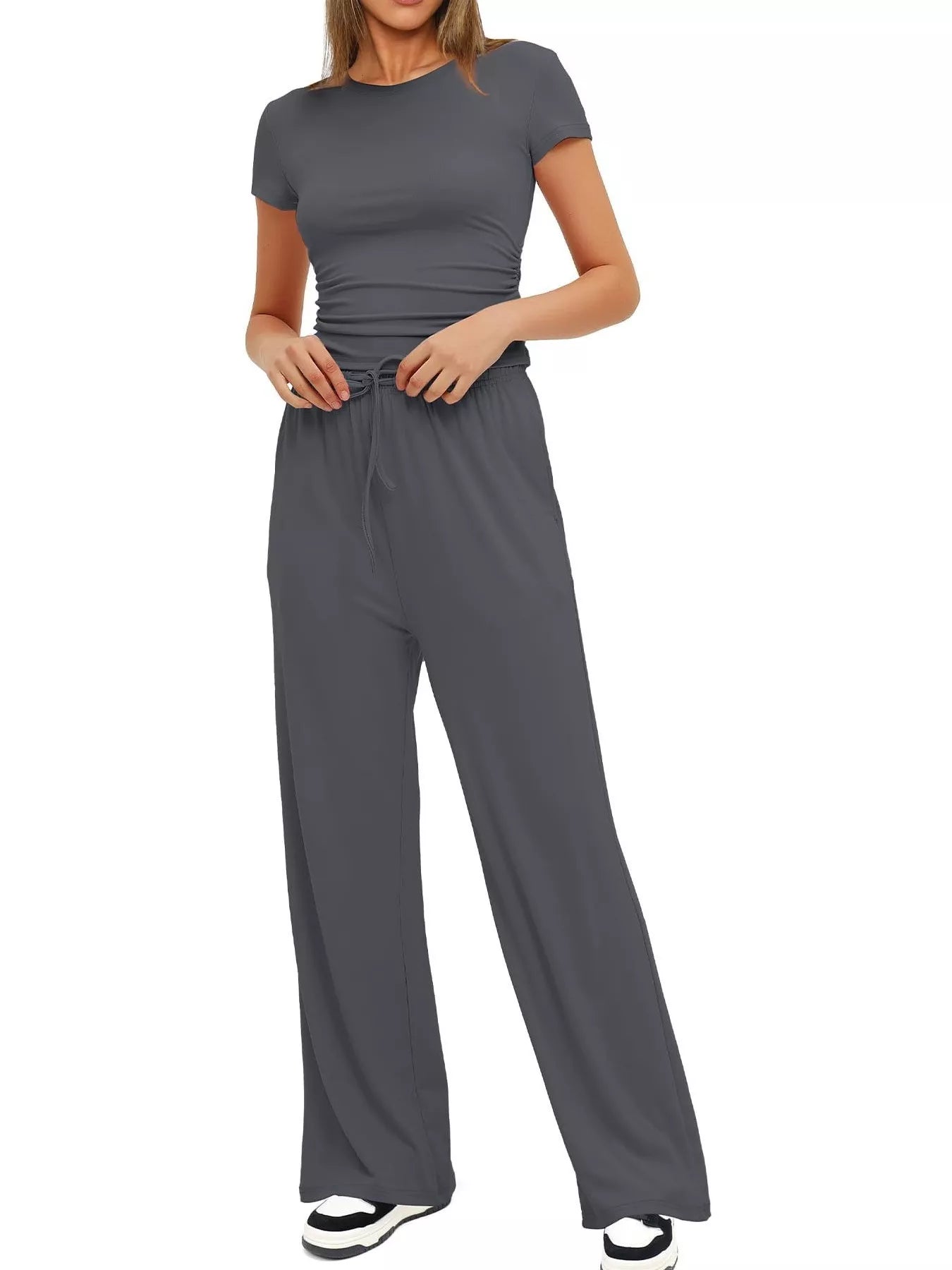 Round Neck Short Sleeve T-Shirt and Pants Set - Tigbul's Variety Fashion Shop