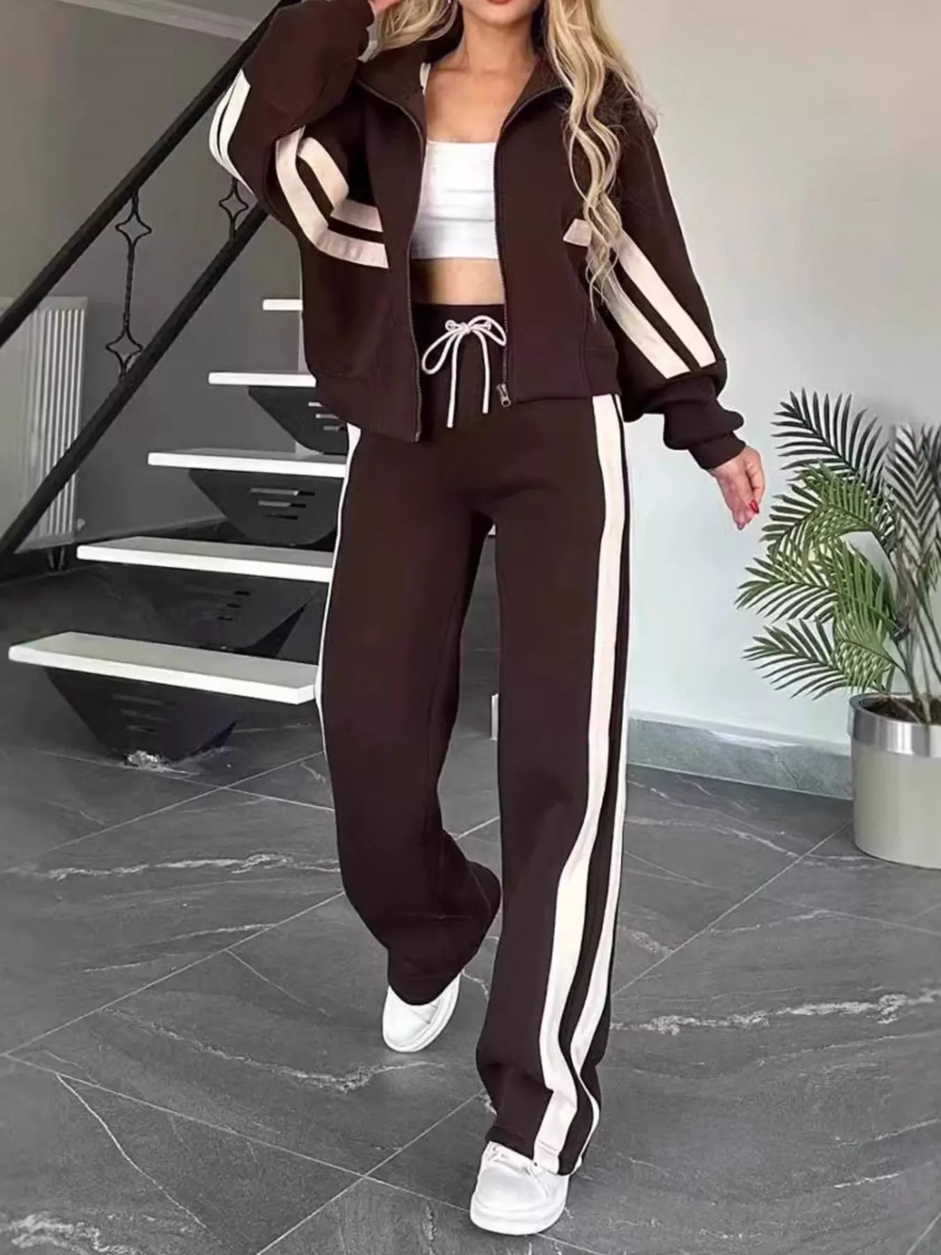 Full Size Contrast Stripe Zip Up Jacket and Pants Set Plus Size - Tigbul's Variety Fashion Shop