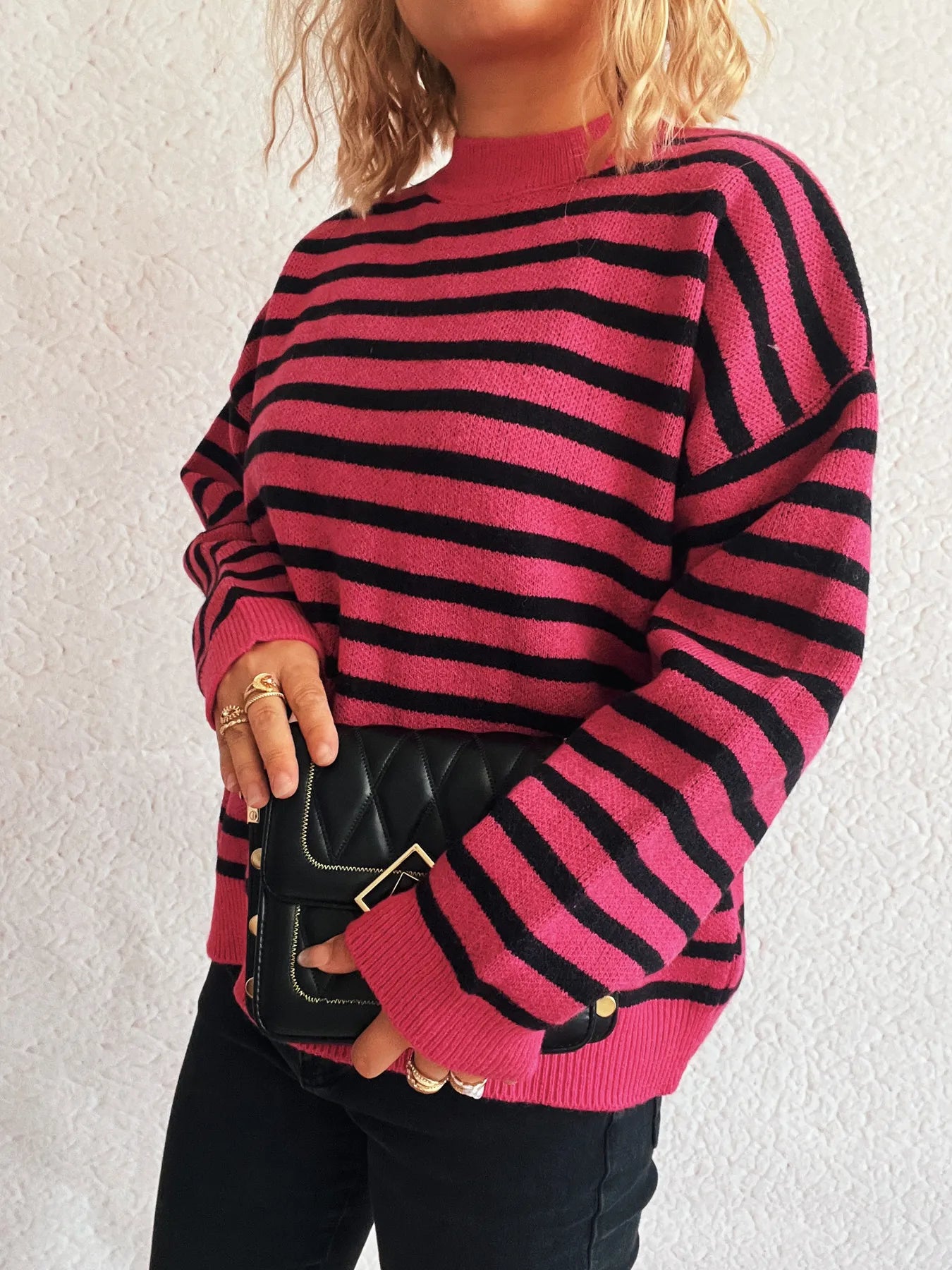 Striped Mock Neck Long Sleeve Sweater - Tigbul's Variety Fashion Shop