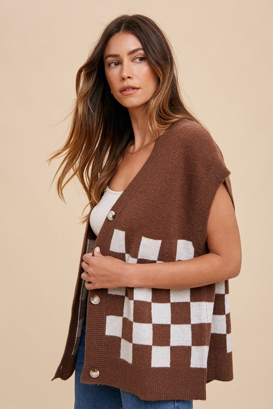 Dark Brown Checkered Button Down Short Sleeve Cardigan - Tigbul's Variety Fashion Shop