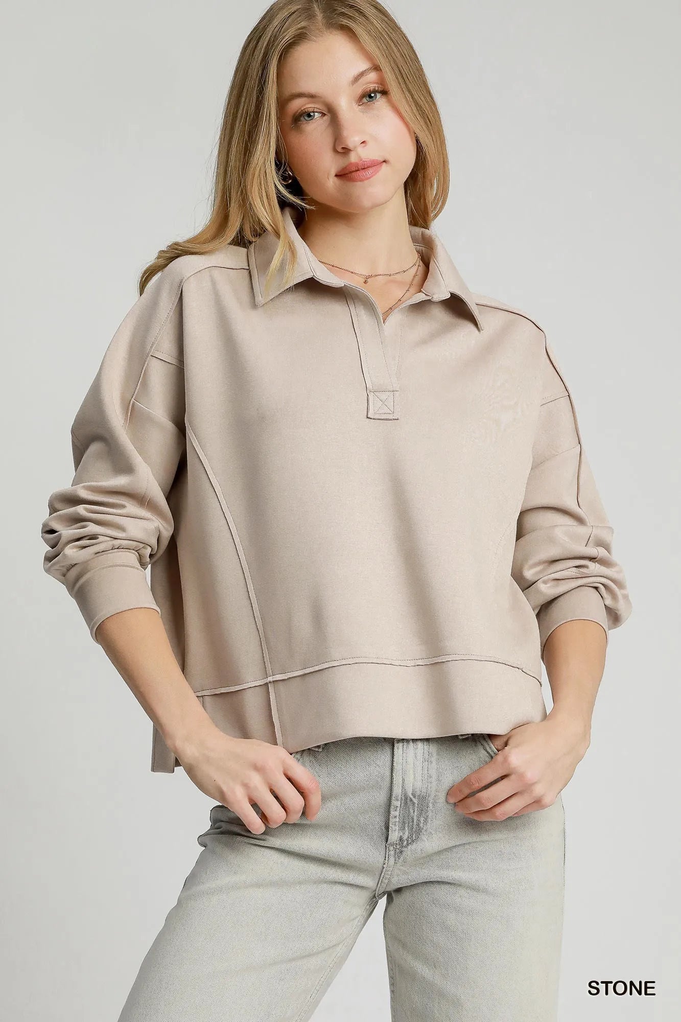 Umgee Exposed Seam Long Sleeve Polo Top with Side Slit - Tigbul's Variety Fashion Shop