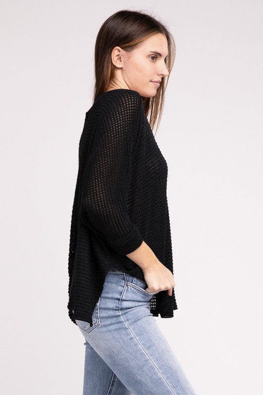 3/4 Sleeve V-Neck Hi-Low Hem Jacquard Sweater - Tigbul's Variety Fashion Shop